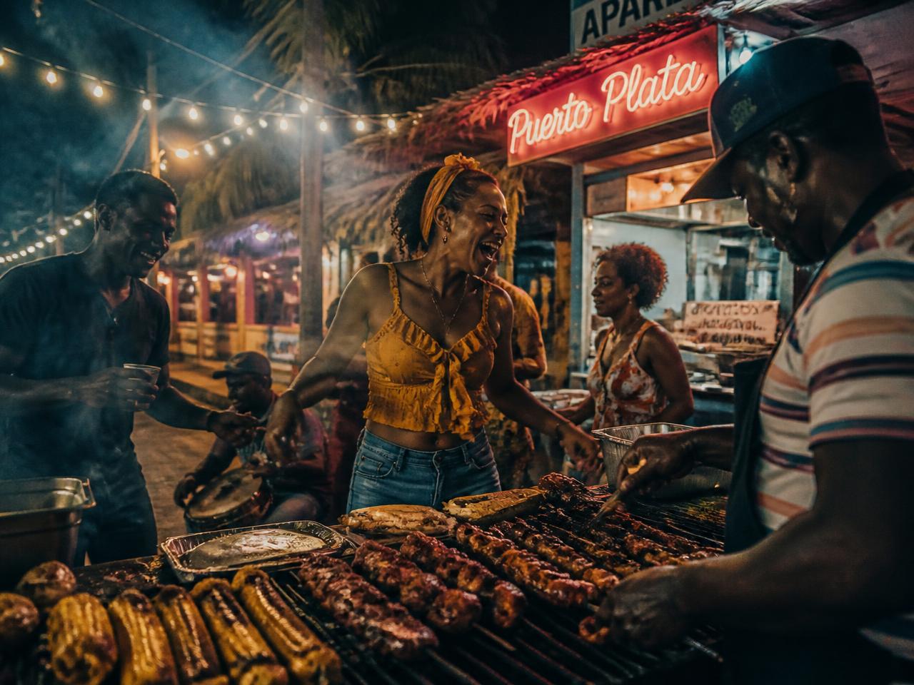 Street party with music and lights in a Dominican neighborhood